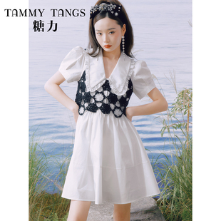 【断码特惠】糖力 夏季手工钩花背心短袖衬衫连衣裙两件套装女