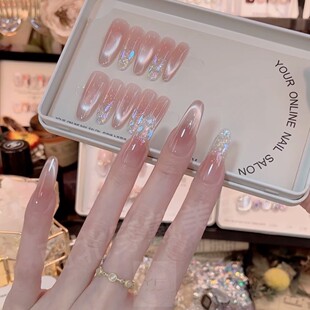 极光猫眼裸色渐变纯手工穿戴甲中长款 法式 显白美甲贴 焦糖奶霜