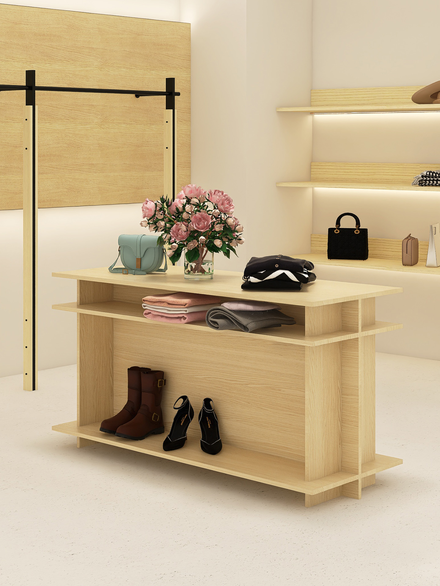鞋店中岛桌胡桃木置物流水台女装店饰品摆放鞋包服装陈列展示台