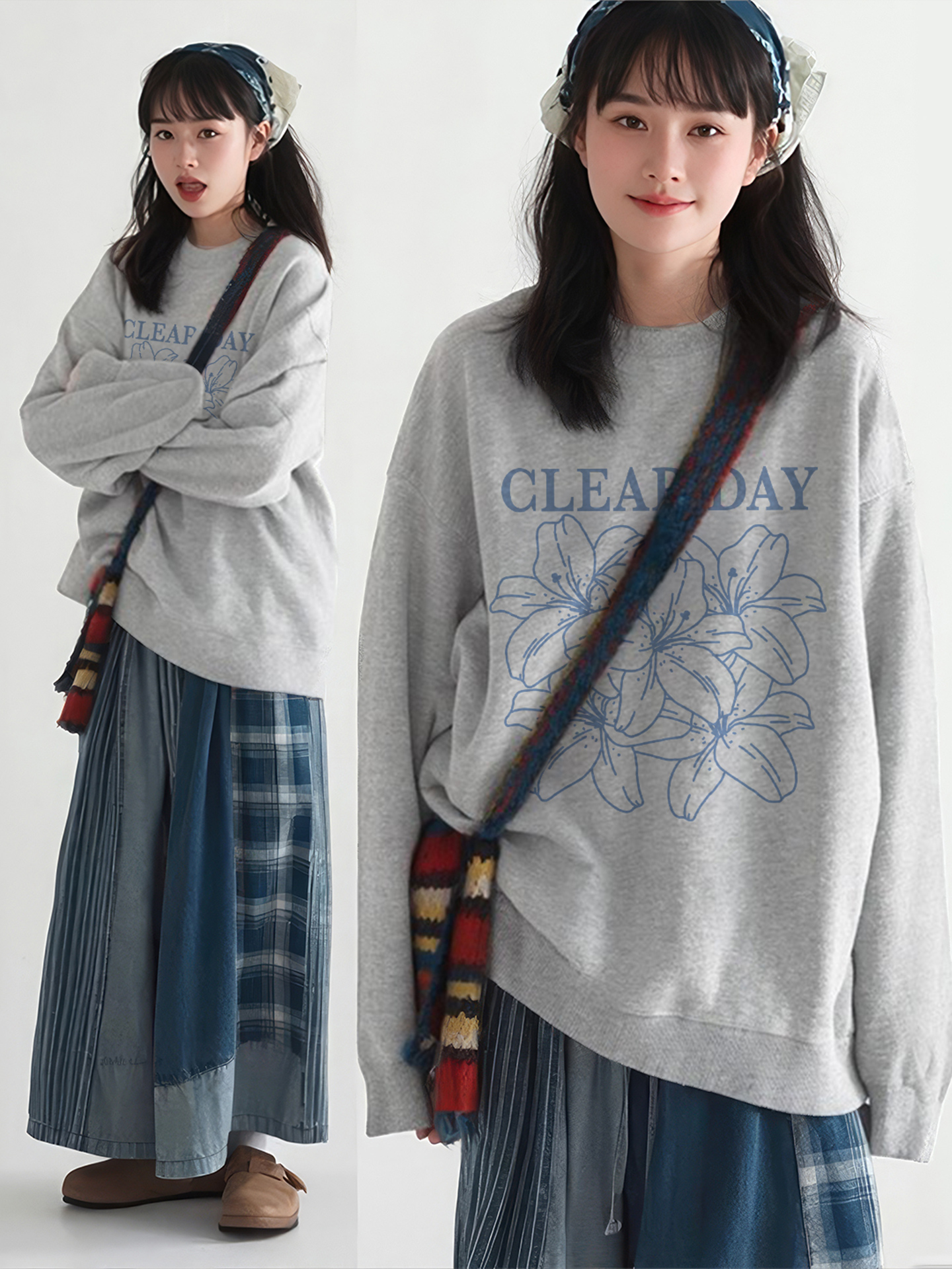 灰色卫衣女款无帽2025新款圆领宽松秋冬加绒加厚韩系穿搭长袖上衣