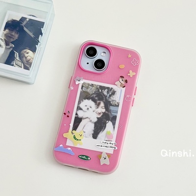 勤仕 小狗相框玫红色磨砂适用iphone16手机壳苹果15promax新款14情侣13二合一12软DIY定制照片11硅胶防摔全包