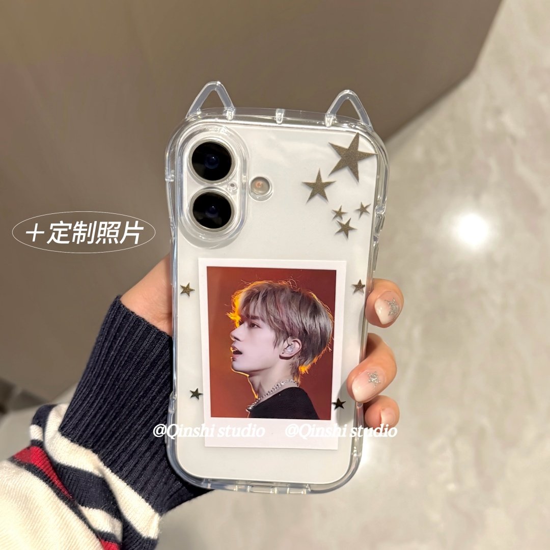 勤仕 甜酷风小星星立体猫耳朵适用苹果17promax手机壳iphone16新款15情侣14透明DIY定制照片13防摔12软11硅胶图片