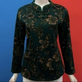 秋冬新款 潮 上衣花色国风盘扣小衫 女士加绒保暖打底衫 中老年妈妈装