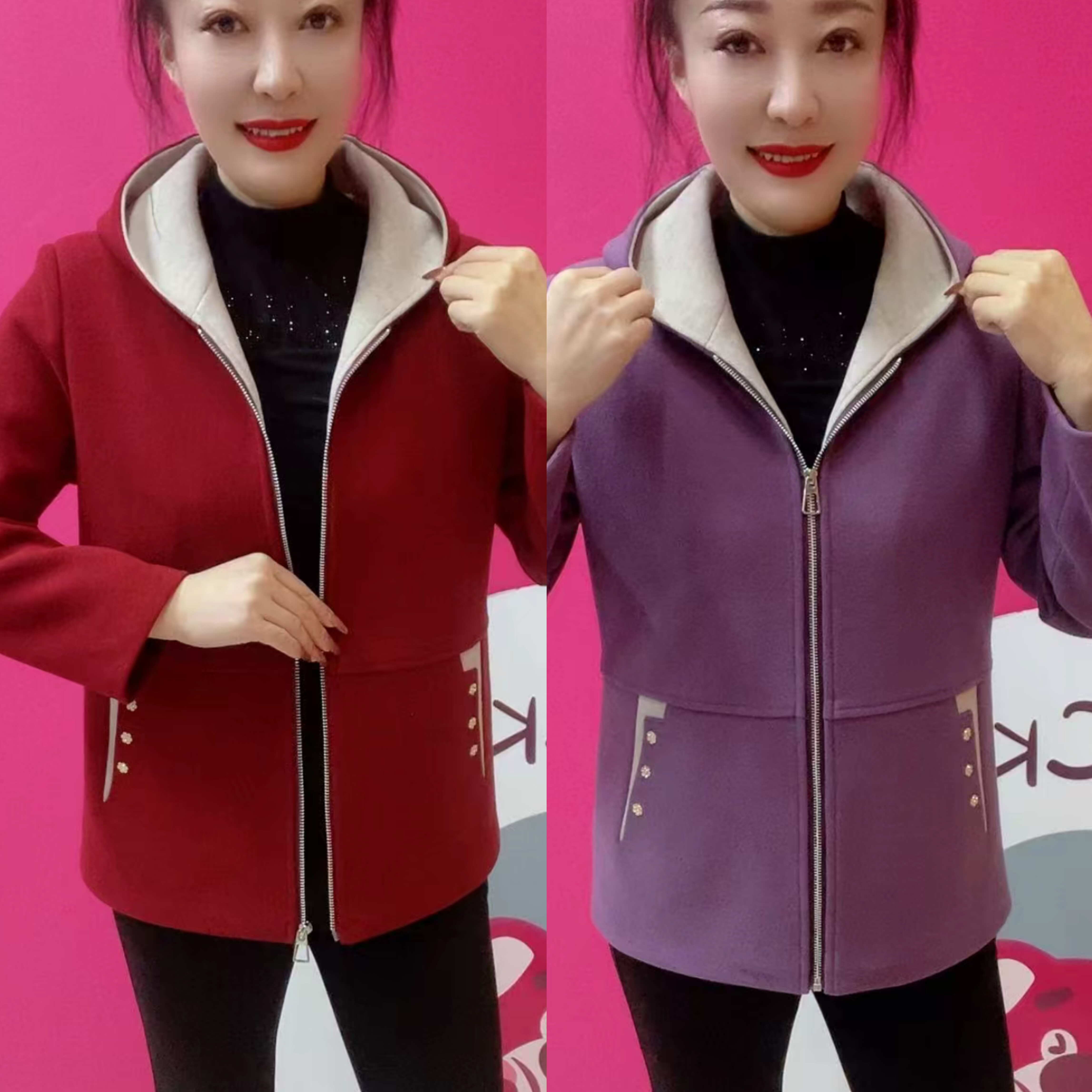 春秋新款女士连帽酒红呢子外套洋气高档中老年妈妈装时尚大衣百搭