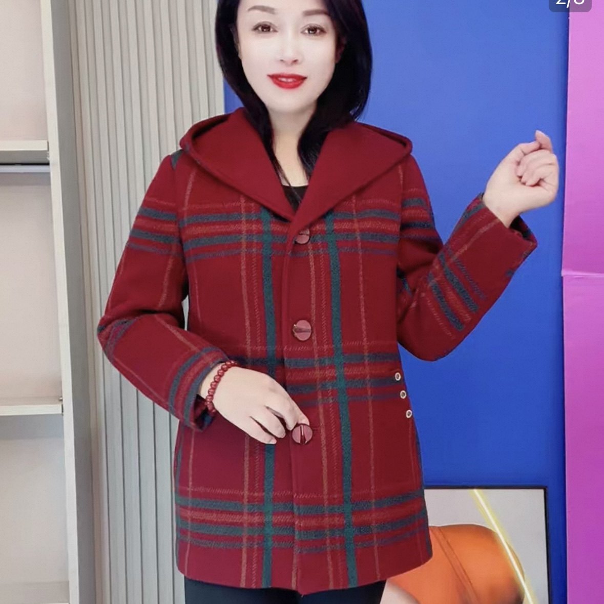 秋冬新款女士连帽加棉保暖格子外套中老年妈妈装呢子大衣时尚二棉