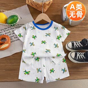男女童夏季纯棉无骨短袖t恤套装宝宝薄款家居服儿童a类空调服睡衣