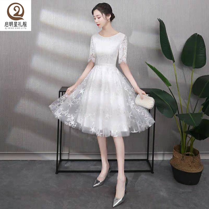小礼服简单大方白色中长款优雅小个子名媛宴会派对学生晚礼服裙女