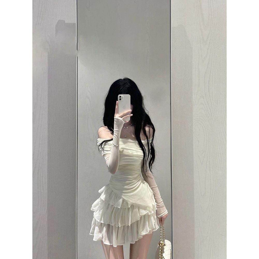 纯欲香肩露肩修身上衣+蛋糕半身裙套装夏装女一字肩辣妹纯欲风两