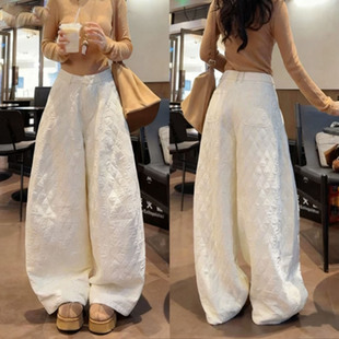 百搭高腰宽松显瘦遮胯保暖棉裤 韩系菱形格弯刀阔腿气球裤 2025冬季