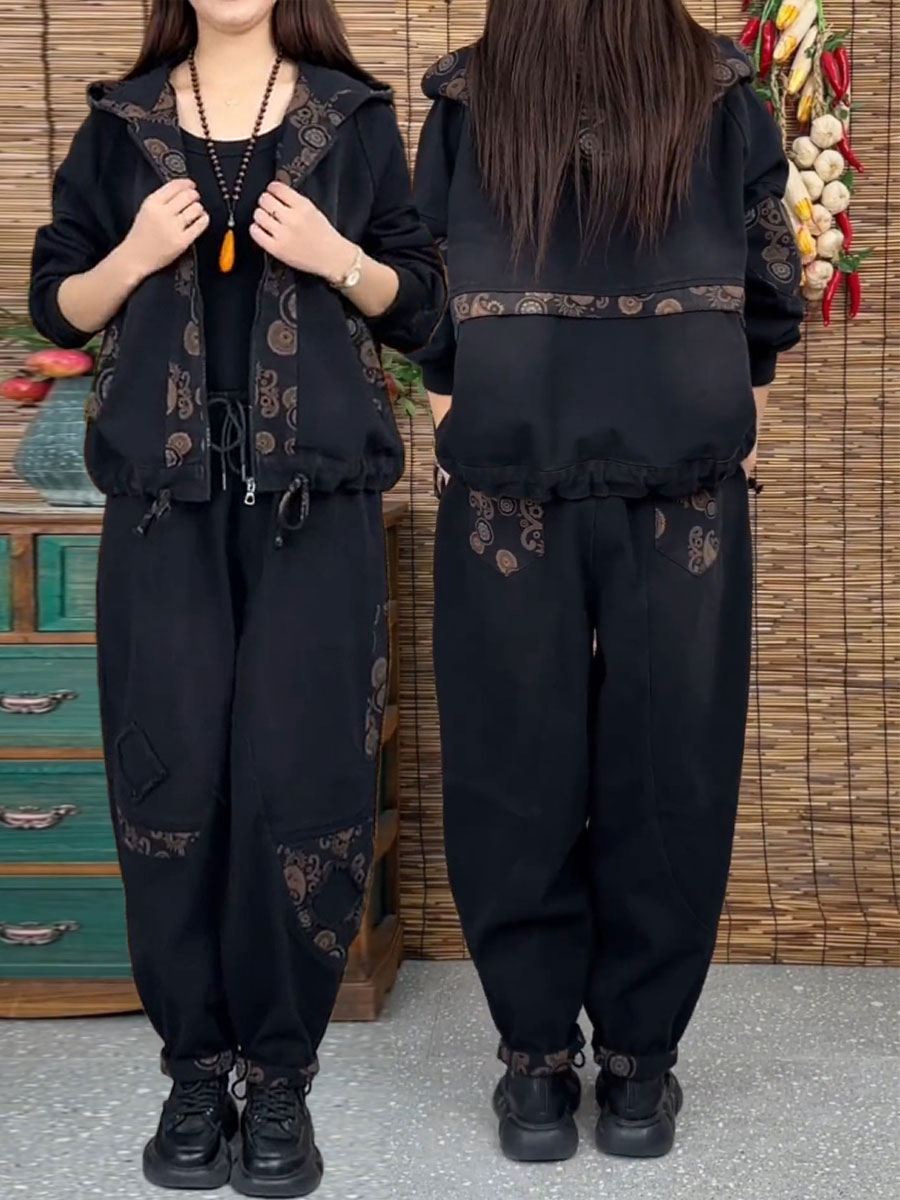 2026秋季款大码复古连帽印花牛仔套装女宽松减龄外套哈伦裤两件套,女装/女士精品,时尚套装,淘宝优惠券,粉丝福利购,淘宝优惠卷