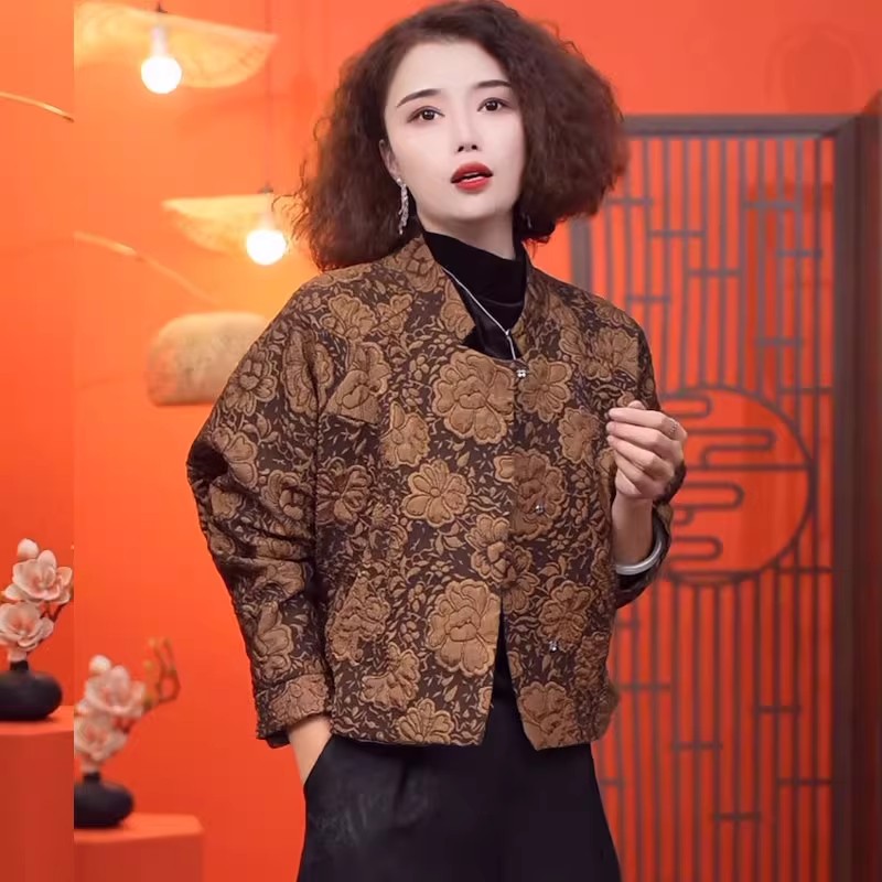 大码中式国风剪立领花加棉短外套