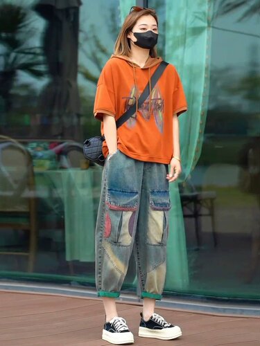 纯棉夏季印花撞色两件套连帽