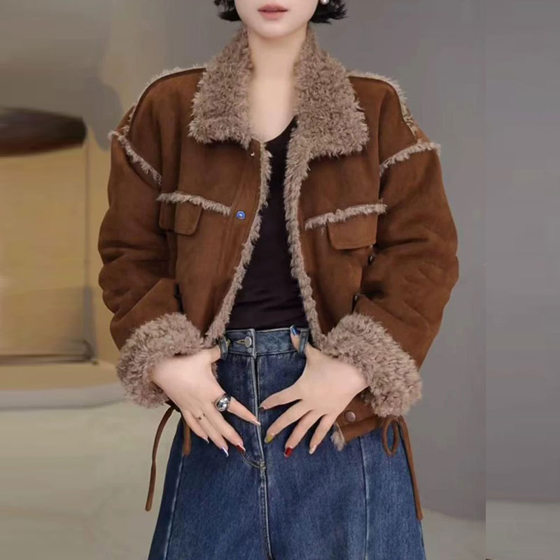 加绒麂皮绒短外套女皮毛一体上衣