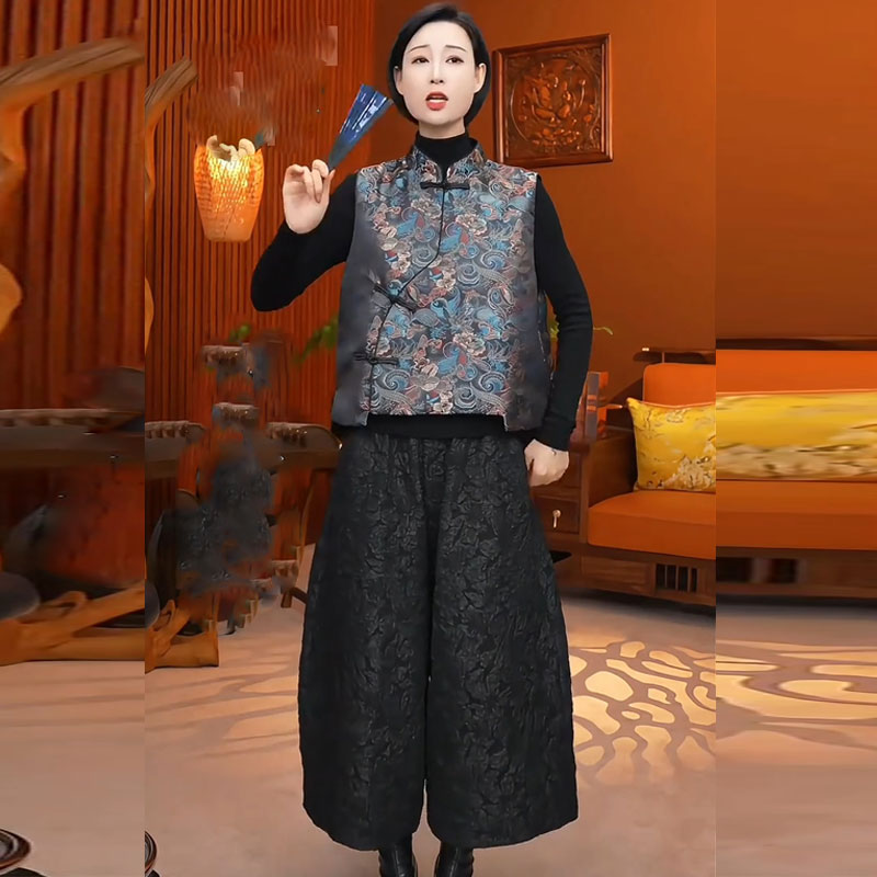 大码中式国风马甲套装女秋装新款无袖坎肩上衣+高腰花苞八分裤潮