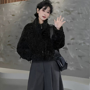 韩系立领皮毛一体羊羔毛外套女冬高级感小个子短款宽松毛茸茸上衣