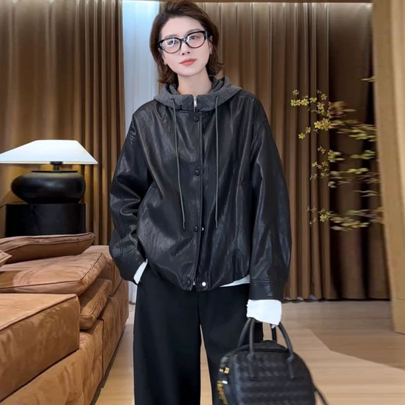 连帽假两件黑色PU皮衣短外套