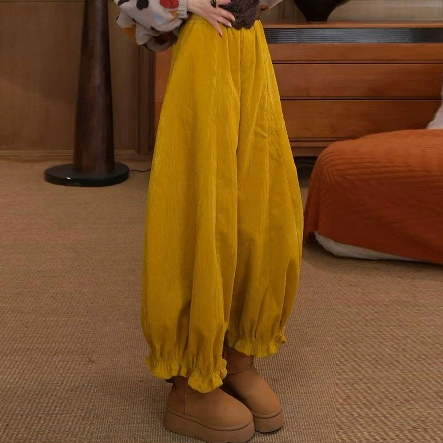 高腰加绒灯芯裤花苞裤秋冬