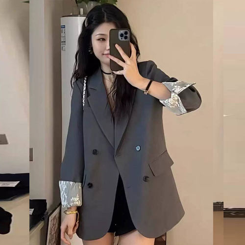 灰色翻边蕾丝袖西装外套女西服