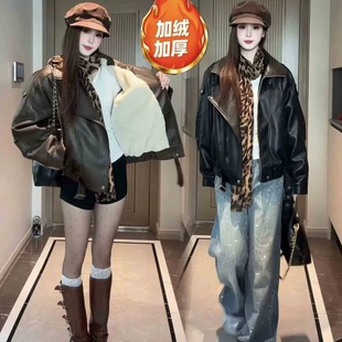 大码 皮衣外套潮 宽松双层领机车服加绒加厚皮衣外套女2025秋冬新款