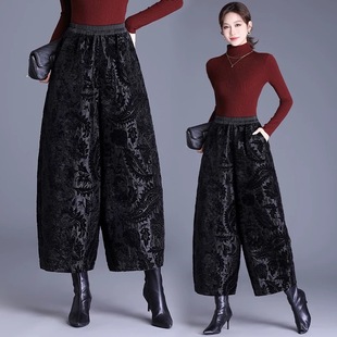 高腰提花夹棉阔腿裤女靴裤宽松灯笼裤子秋冬季新款九分花苞棉裤潮