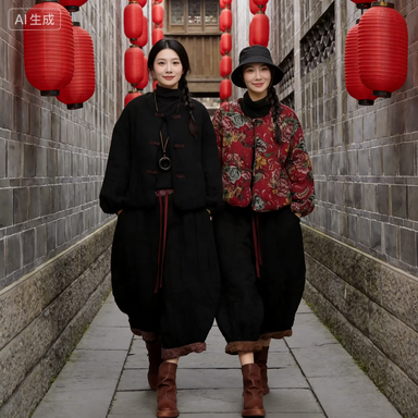 复古文艺冬季休闲套装盘扣灯笼袖夹棉纯色短外套八分香蕉裤两件套,女装/女士精品,时尚套装,淘宝优惠券,粉丝福利购,淘宝优惠卷