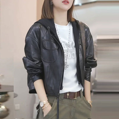 高级感黑色连帽假两件皮衣外套女