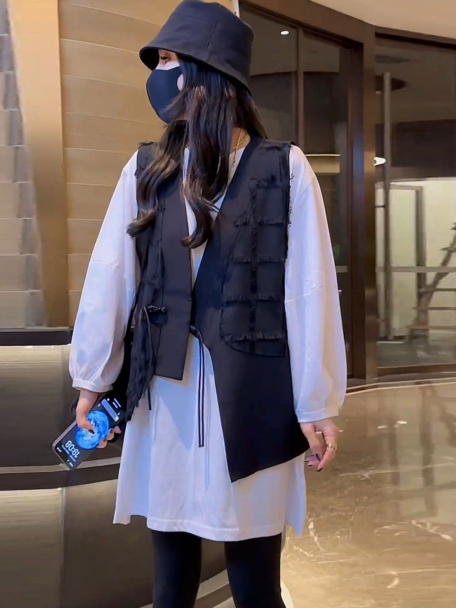 一粒扣韩版中长款V领盘扣马甲