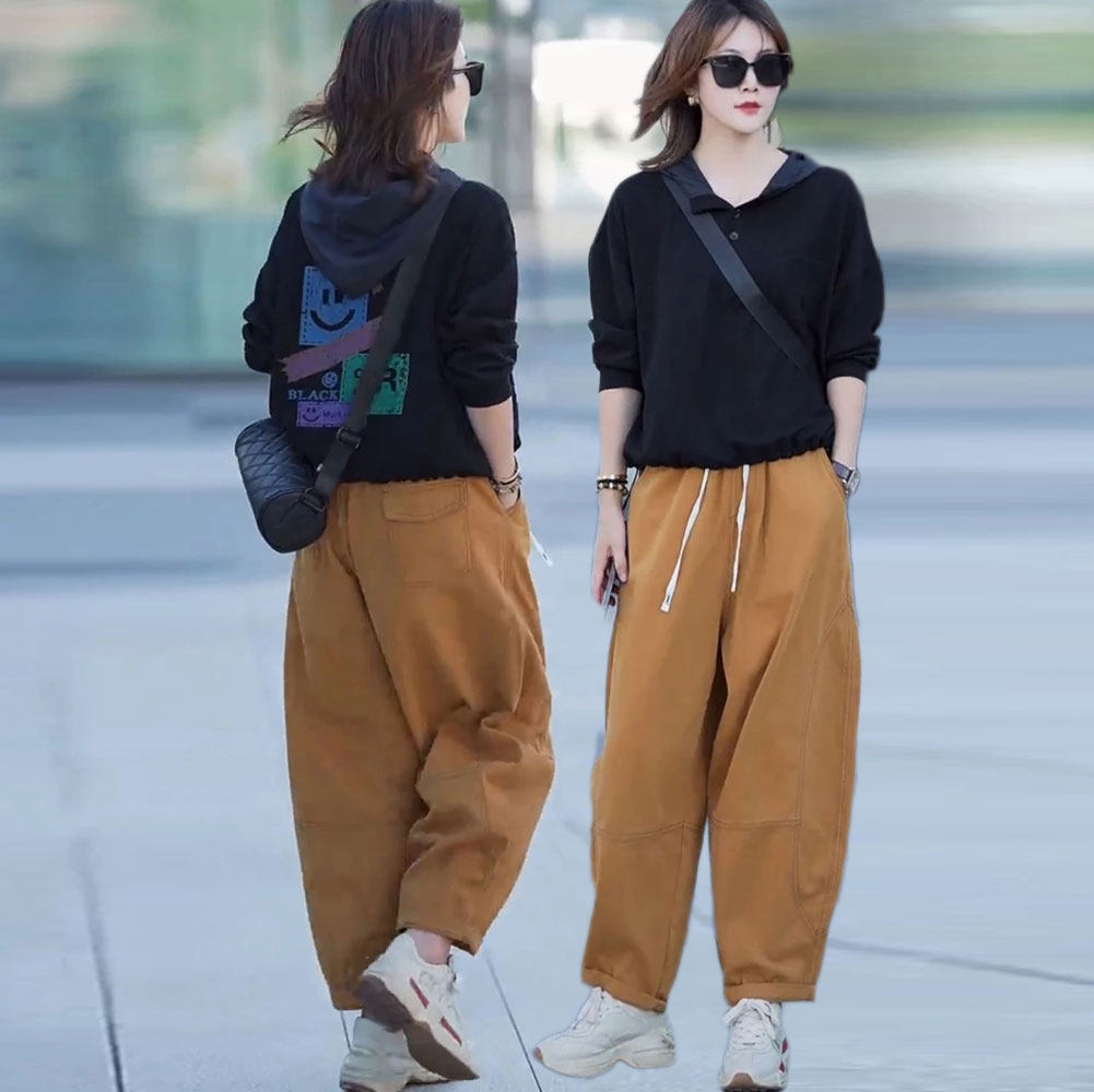 时尚休闲洋气套装女秋季新款宽松连帽印花卫衣+哈伦裤大码两件套,女装/女士精品,时尚套装,淘宝优惠券,粉丝福利购,淘宝优惠卷