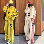 圆领卫衣条纹休闲阔腿裤 女2026春秋新款 两件套 洋气运动服套装 时尚