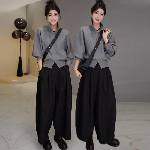半拉链卫衣西装高腰弯刀裤两件套