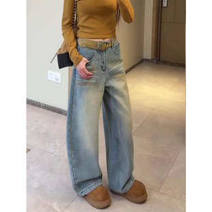 复古蓝做旧阔腿牛仔裤女款冬加绒2026小个子宽松独特设计感阔腿裤