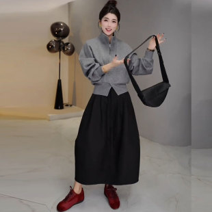 新款 收绳花苞裙两件套装 半拉链设计款 高腰西装 开叉卫衣 2025秋装