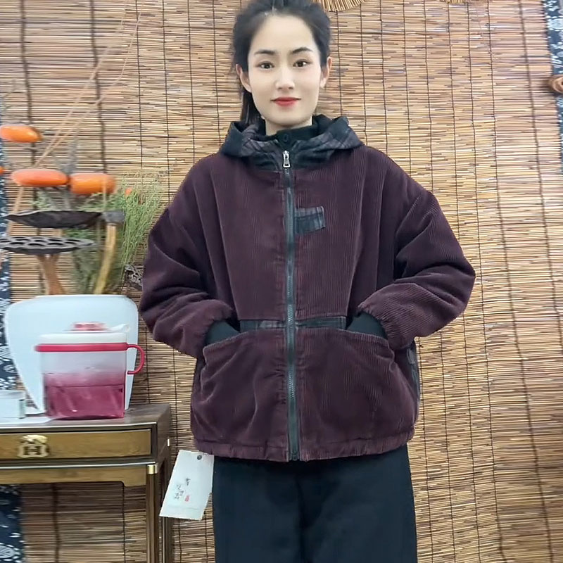 灯芯绒加厚保暖拼色连帽棉衣上衣