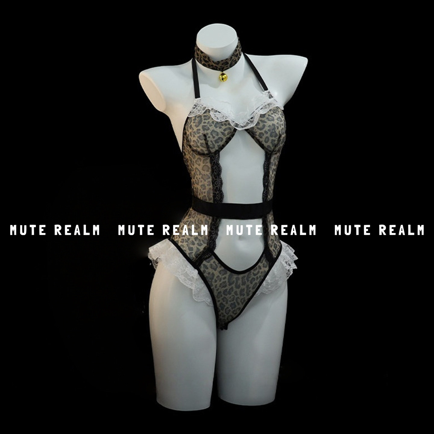 谧境空间「捕心猎手」性感豹纹连体衣露背绑带制服套装qqny