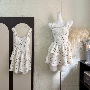 车迟恩Chien 千金风重工镶钻生日蓬蓬裙夏蝴蝶结黑白波点连衣裙女