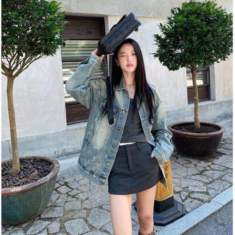 秋季新款休闲牛仔外套女短款夹克高级做旧宽松显瘦工装牛仔衣褂子