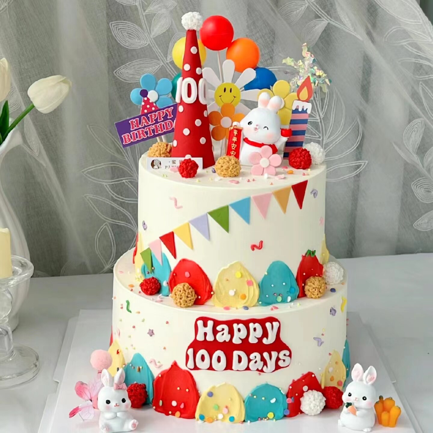 网红兔宝宝一百天满月蛋糕装饰摆件小兔子生日周岁甜品台蛋糕插件
