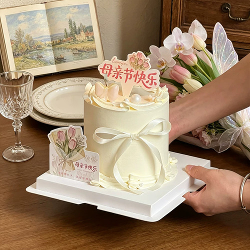 母亲节mom蛋糕装饰仿真郁金香摆件快乐妈妈生日丝带烘焙插牌插件