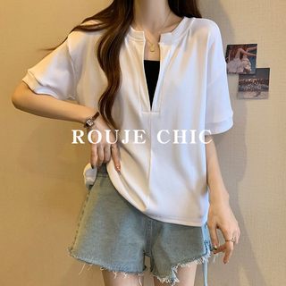 法国Rouje Chic法式夏季新款假两件短袖T恤女休闲风显瘦正肩上衣