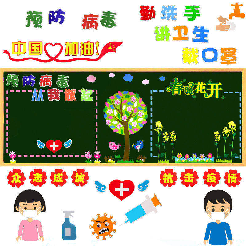 预防疫情小学幼儿园黑板报主题抗疫宣传墙贴教室走廊班级文化布置