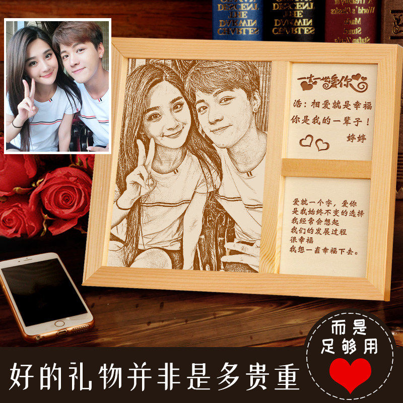 木刻画定制照片女生闺蜜男友情侣一周年纪念生日礼物送老婆微雕画