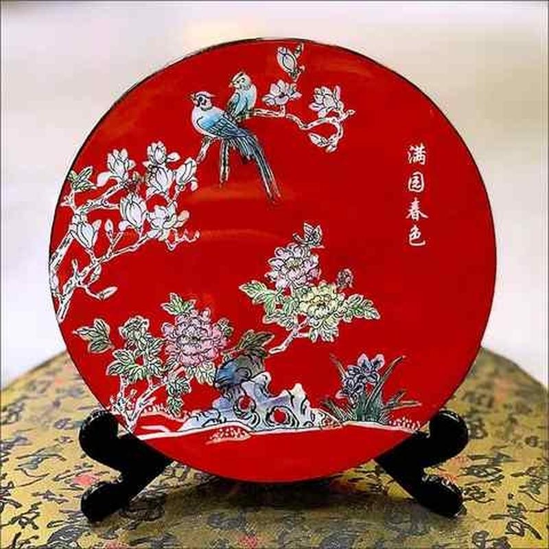 福州脱胎漆器赏盘满园春色螺钿工艺摆件福州三宝特色工艺品