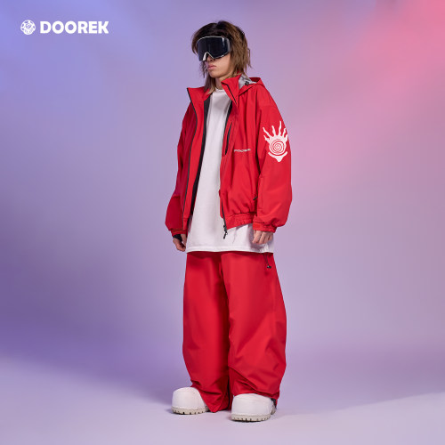 DOOREK新款滑雪服男女同款弯刀裤滑雪外套保暖防风防水马年马上红