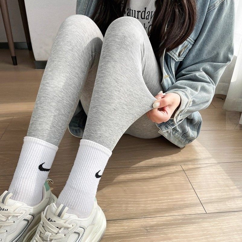 冬季加绒厚保暖秋裤灰色螺纹高腰不掉档打底裤女春秋连裤袜可外穿