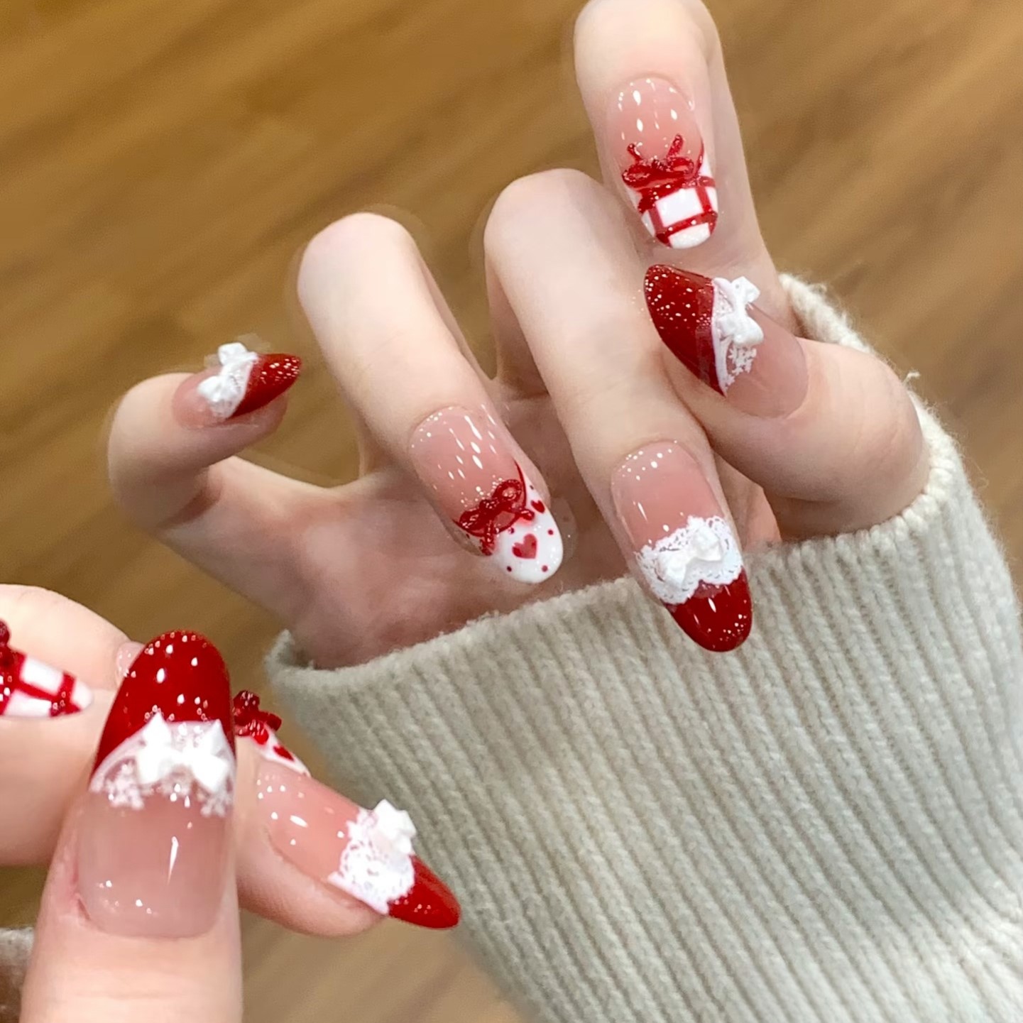 秋冬新款圣诞新年气氛感显白蝴蝶结红格纹蕾丝美甲手工定制穿戴甲