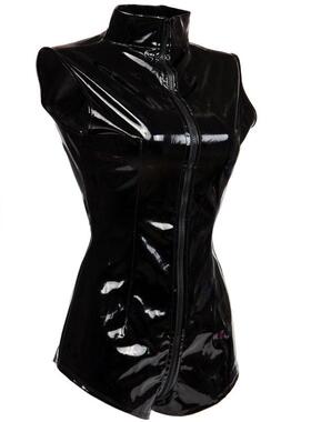 Bright leather zippered triangular bodysuit亮皮紧身连体短裤