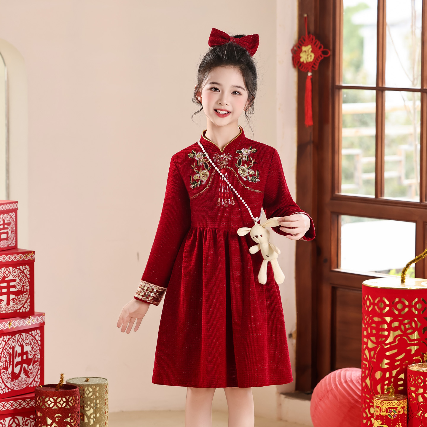 女童新中式连衣裙秋冬2025新款洋气儿童裙子女孩公主裙加绒连衣裙