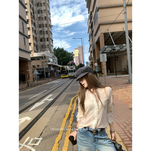 CHANGINGREAL蕾丝薄款v领衬衫女