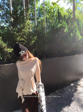 CHANGING REAL 半糖奶霜 燕麦色荡领绑带收腰针织衫女打底上衣秋