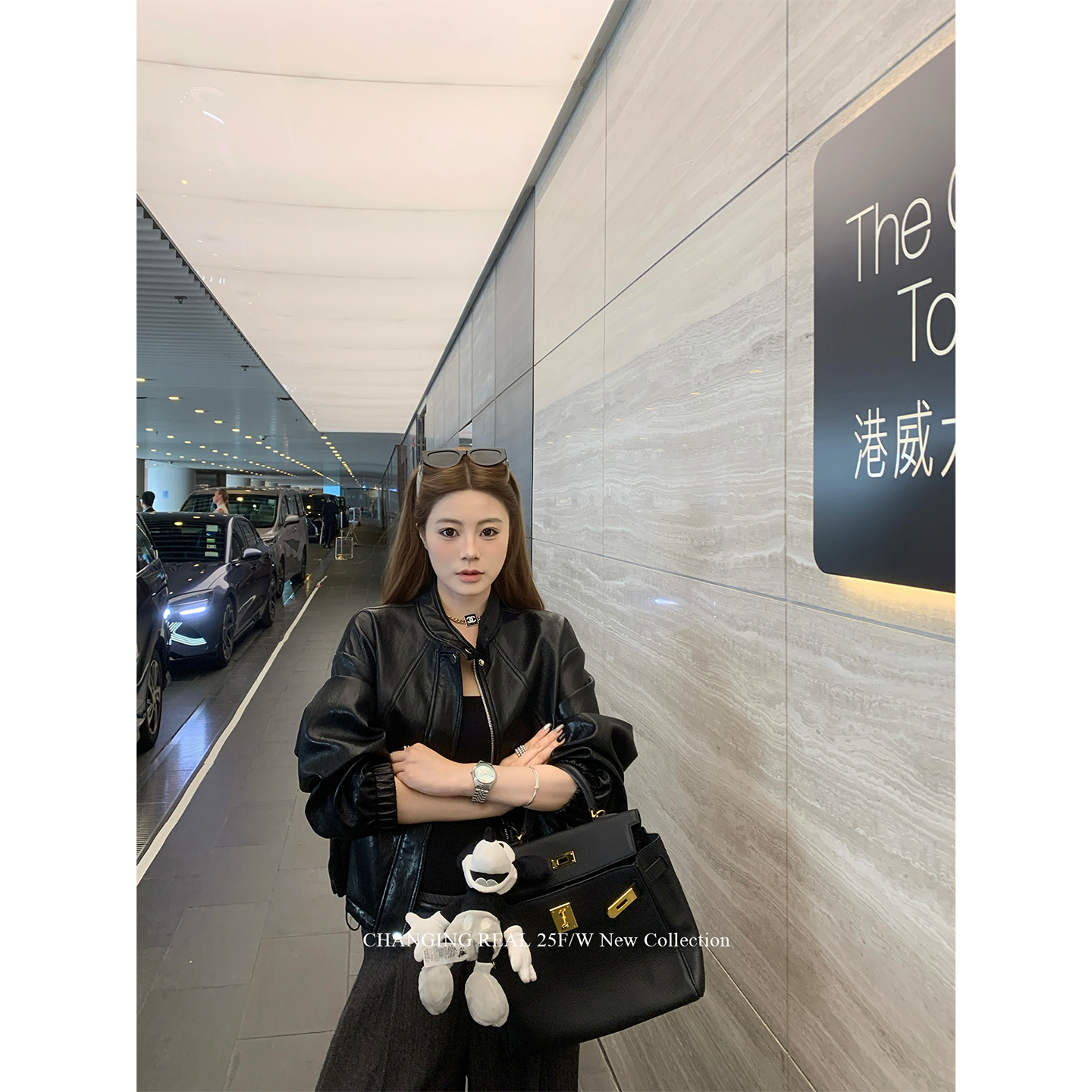 CHANGINGREAL黑色短款立领皮衣